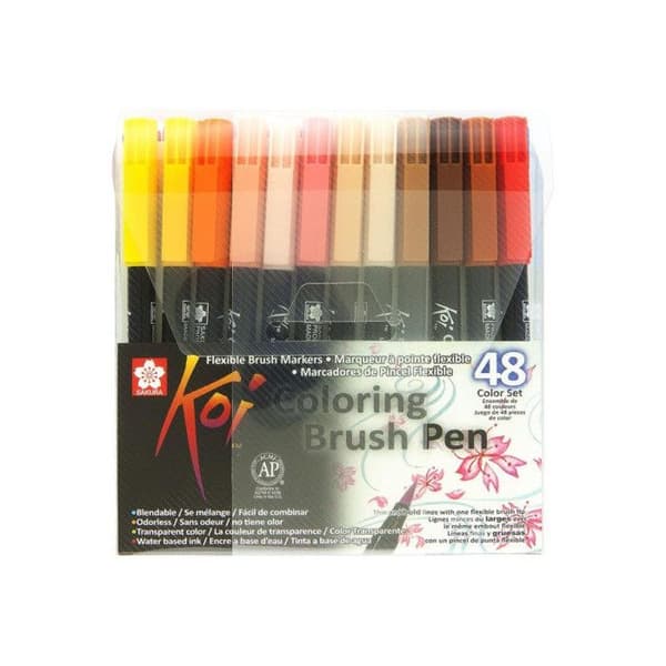 Stylo pensel - SAKURA - Koi Coloring Brush - Etui med 48 - Flexibel spets - Blandade färger