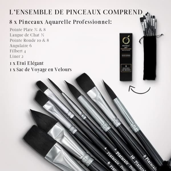 Vattenfärgpenslar - Pinturale - Black Series - Set med 8 penslar - Hög absorption - Vattenkontroll