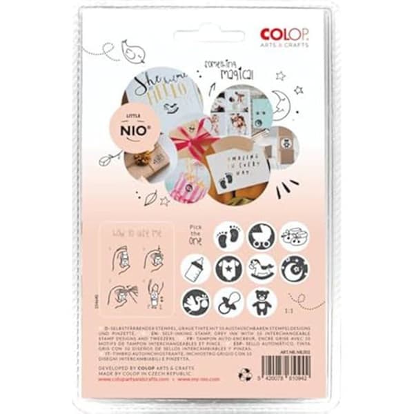 Bläckdyna - COLOP - Little NIO - 1 rund stämpel 17 mm - 10 utbytbara mönster - Giftfritt bläck