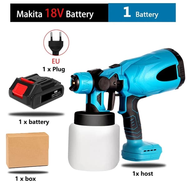 800ML Trådløs Malingsprøjte, Airless Sprøjtepistol, 18V Batteridrevet,Med 1 batteri EU