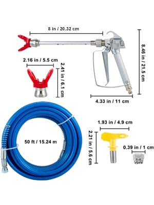 50' x 1/4" 3600 PSI universal luftlös färgspruta slangsats med 517 munstycke och munstycksskydd, 8" förlängningsstång