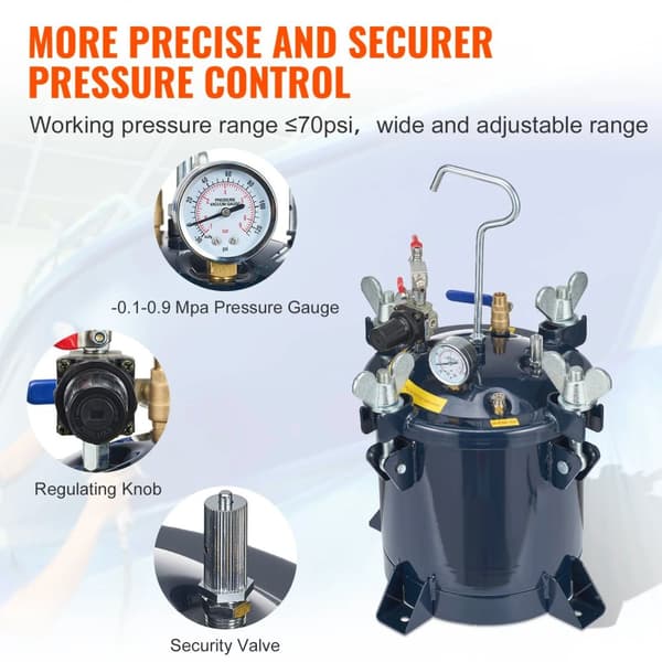 0-70psi 10L färgtryckskärl för hartsprodukter, sprayfärgstrycktank, dubbelventildesign, uppgraderad tätning