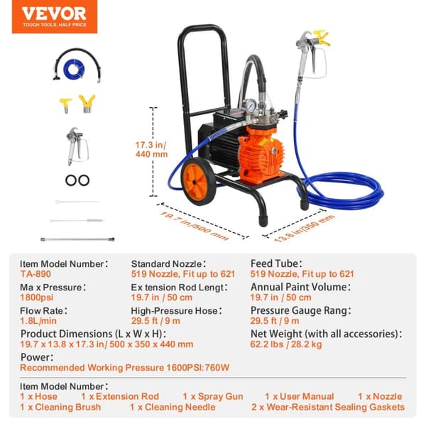 Luftlös färgspruta, 1800 psi max tryck, 900 W effekt,900w