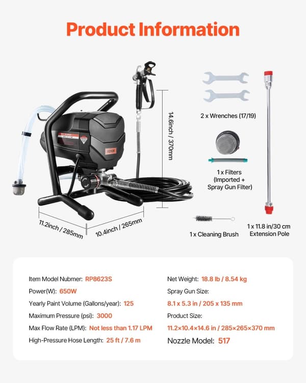 Luftløs malersprøjte, 650W effekt, 3000 PSI tryk,650W 0,25GPM