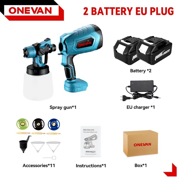 Elektrisk färgspruta, 1500W motor, 1200 ml/min flödeshastighet,2 batteriset