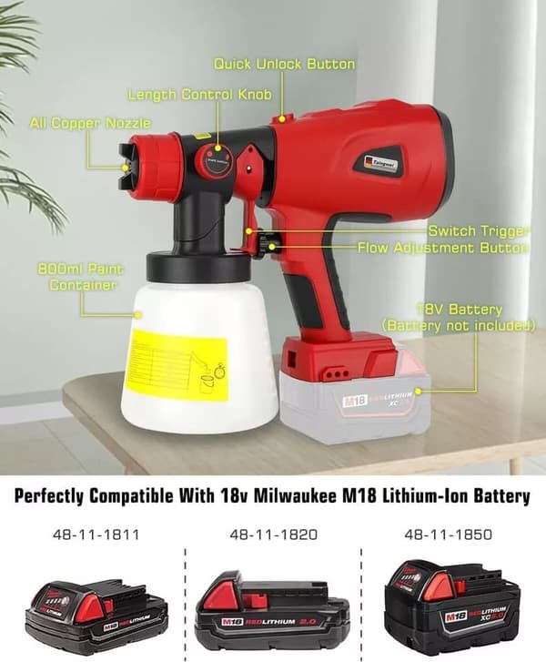200W johdoton maaliruiskupistooli Milwaukee 18v akkuharjattomaan moottoriin 800ml