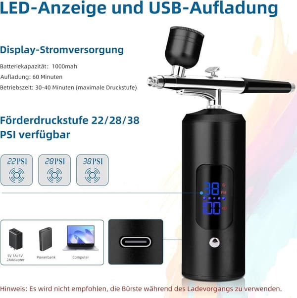 Lollanda Airbrush-maskin – Trådlöst spraypistolset med USB-laddning och 3 hastighetslägen, för nagelkonst, tårtdekoration och målning