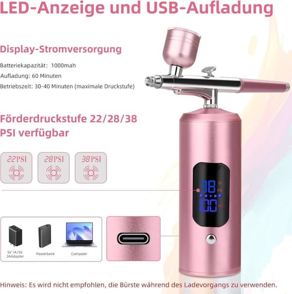 Lollanda Airbrush Machine – Langaton ruiskupistoolisarja USB-latauksella ja 3 nopeustilalla, kynsitaiteeseen, kakun koristeluun ja maalaukseen