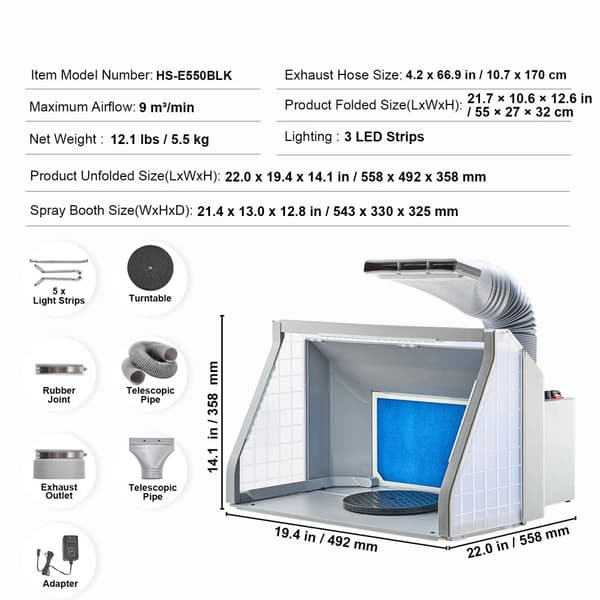 Luftborstad spraybås, dubbla fläktar, LED-lampor, avgasrör,49.2cm
