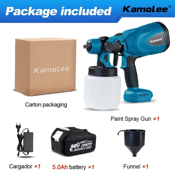 Kamolee Elektrisk Målningsspruta, 800 ml Kopp, 30000 RPM Hastighet,EU-kontakt, 1x5.0Ah Batteri