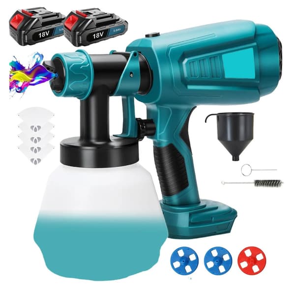 Batteridriven färgspruta, 1000ML behållare, 500W effekt, 3 sprutlägen,med 2 Batteri