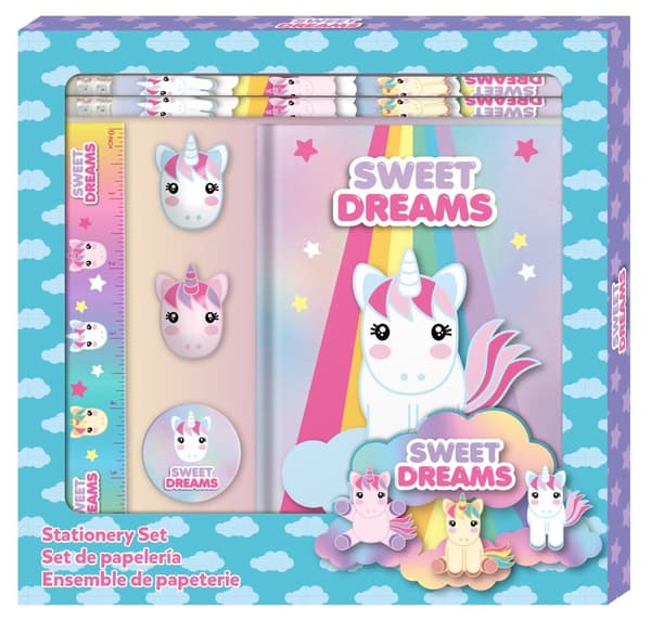 Unicorn skrivset pennor suddgummi anteckningsbok