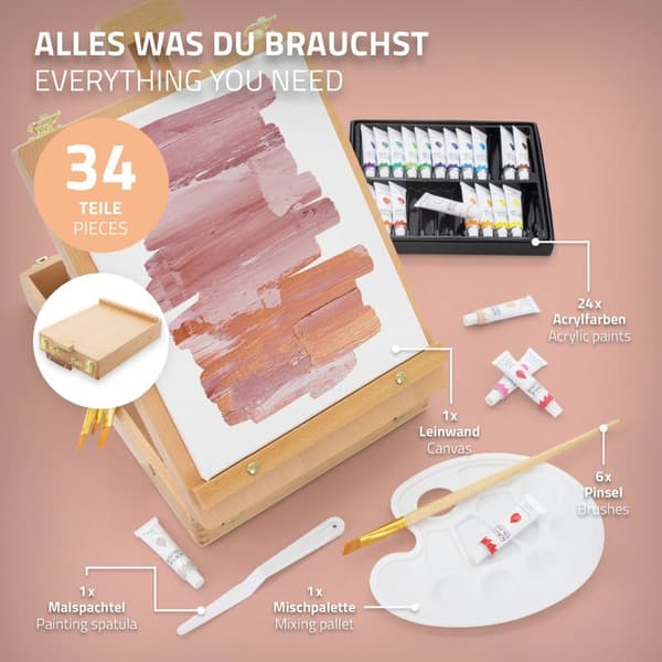 ECD Germany 34-osainen akryylimaalipakkaus telineellä; akryyliväripakkaus kantokahvalla; 24 akryyliväriä; kankaat; taulut; siveltimet ja
