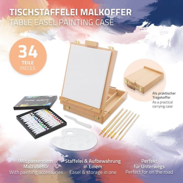 ECD Germany 34-osainen akryylimaalipakkaus telineellä; akryyliväripakkaus kantokahvalla; 24 akryyliväriä; kankaat; taulut; siveltimet ja