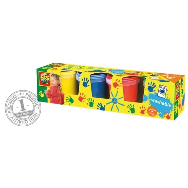 SES CREATIVE fingerfärg - Set med 4 krukor à 150 ml - 4 klassiska färger - Tvättbar och glutenfri
