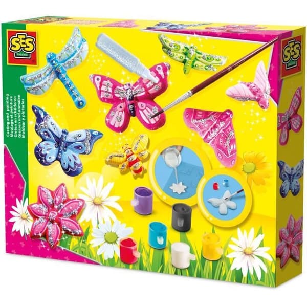 Formning och målning - Fjäril och glitter - SES CREATIVE - Stor form, 6 färgfärger, pensel, glitter och gips