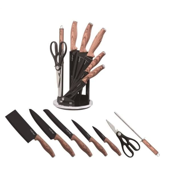 Knivset - 8 delar - svart stål med trähandtag