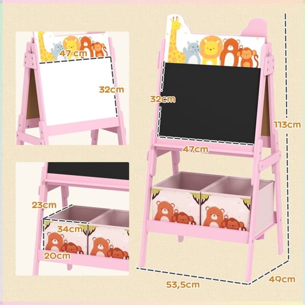 Rootz 2 -in -1 Kids Painting Easel - Whiteboard - Chalkboard - Creative Fun - 49 cm x 53,5 cm x 113 cm - Pink