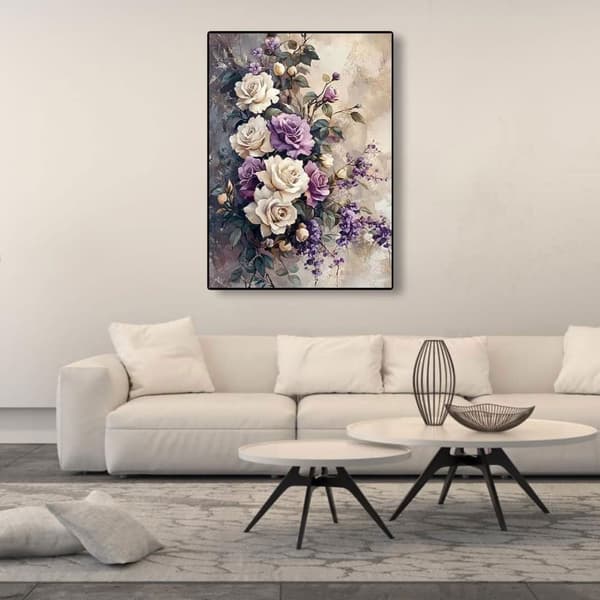 Bomclap 5D timanttimaalaus aloittelijoille - valkoinen ja violetti ruusu DIY täysi pyöreä timanttikäsityö kristalleilla, valmis koristelu 30x40cm