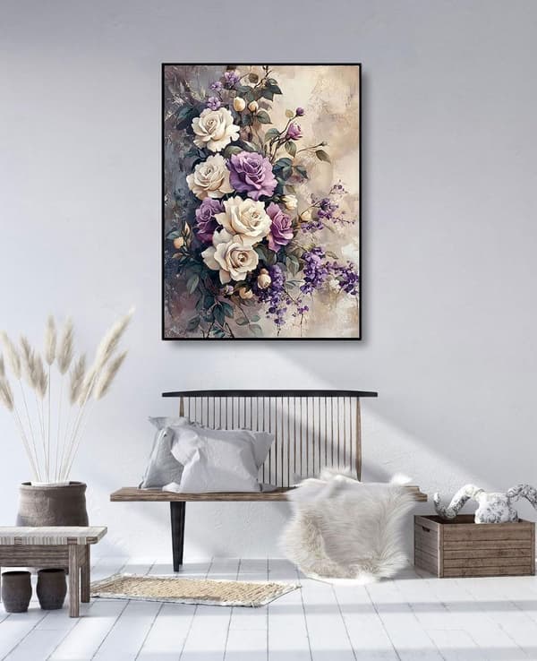 Bomclap 5D timanttimaalaus aloittelijoille - valkoinen ja violetti ruusu DIY täysi pyöreä timanttikäsityö kristalleilla, valmis koristelu 30x40cm