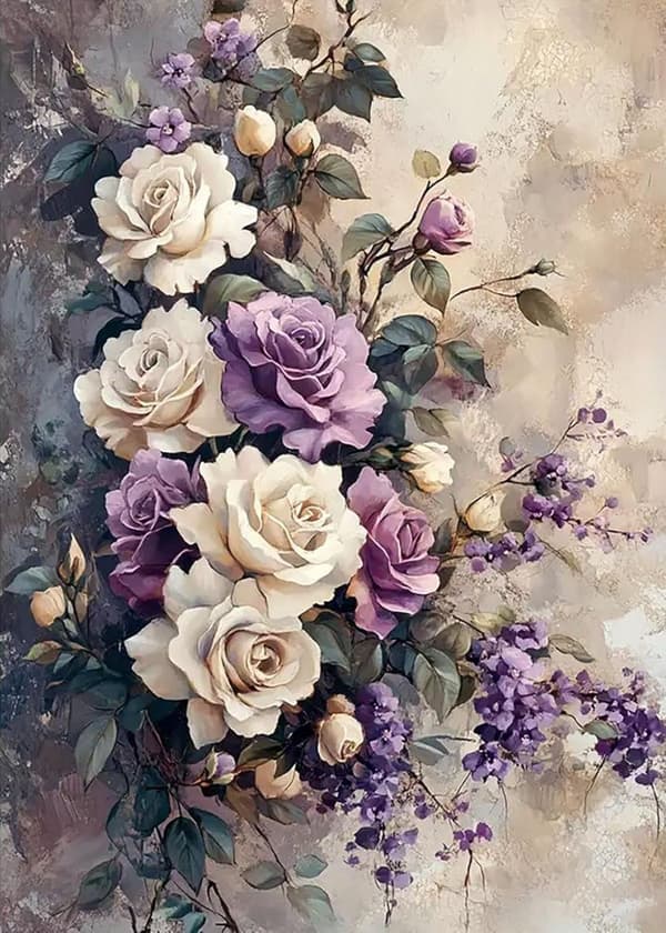 Bomclap 5D timanttimaalaus aloittelijoille - valkoinen ja violetti ruusu DIY täysi pyöreä timanttikäsityö kristalleilla, valmis koristelu 30x40cm
