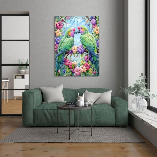 Bomclap Glädjefyllda papegojor 5D Diamantkonst DIY runddrillsmålning med blommor,Börjarvänlig väggdekoration 12x16"