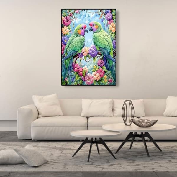 Bomclap Glädjefyllda papegojor 5D Diamantkonst DIY runddrillsmålning med blommor,Börjarvänlig väggdekoration 12x16"