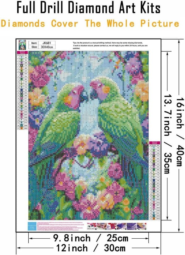 Bomclap Glädjefyllda papegojor 5D Diamantkonst DIY runddrillsmålning med blommor,Börjarvänlig väggdekoration 12x16"