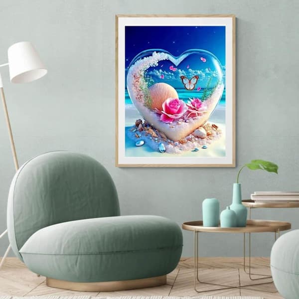 Bomclap Diamond Painting Sommarinspirerad Strandmålning - Hjärtformad blomsterdiamantkonst 5D, Fyldrill med fjärilar till havstema