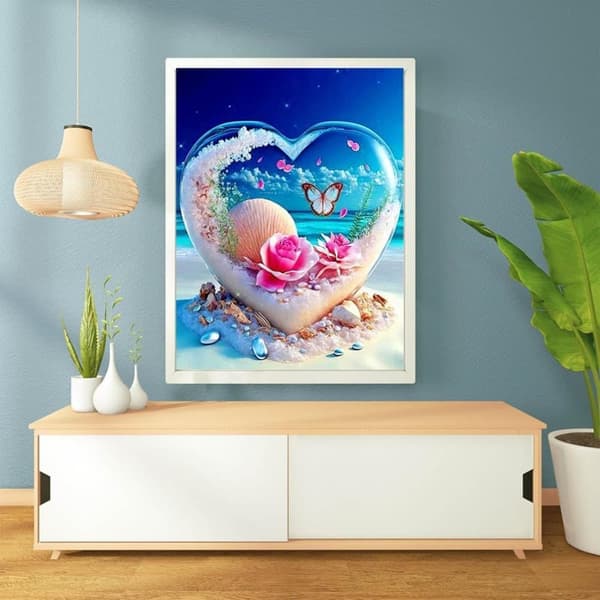 Bomclap Diamond Painting Sommarinspirerad Strandmålning - Hjärtformad blomsterdiamantkonst 5D, Fyldrill med fjärilar till havstema