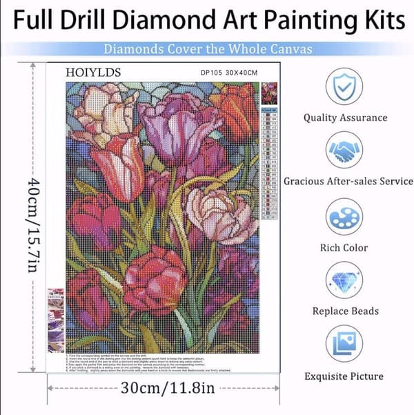 Bomclap Glasstil Tulpaner Diamond Painting - 5D Runddrill Mosaik Diamantpyssel för Vuxna, DIY Väggkonst med Kristaller i 30x40 cm