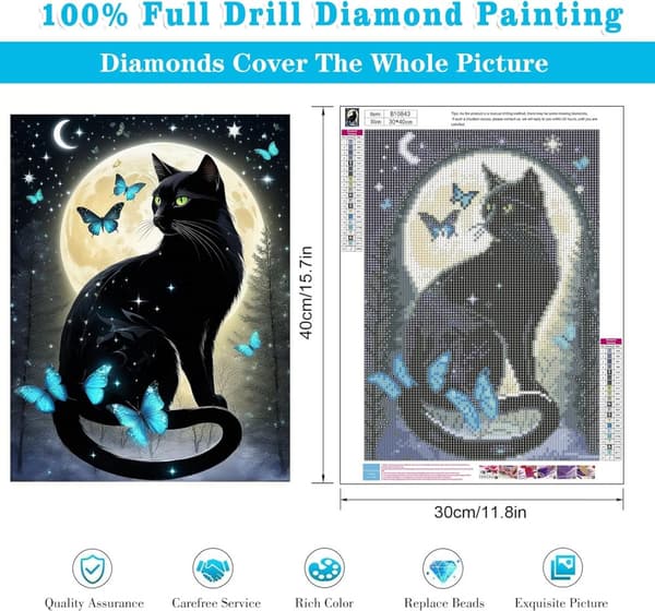 Bomclap 5D Diamantmålning Svart Katt & Månkatt - DIY Rundpärlor För Nybörjare, Fjärilsdesign 30x40 cm Hemdekor