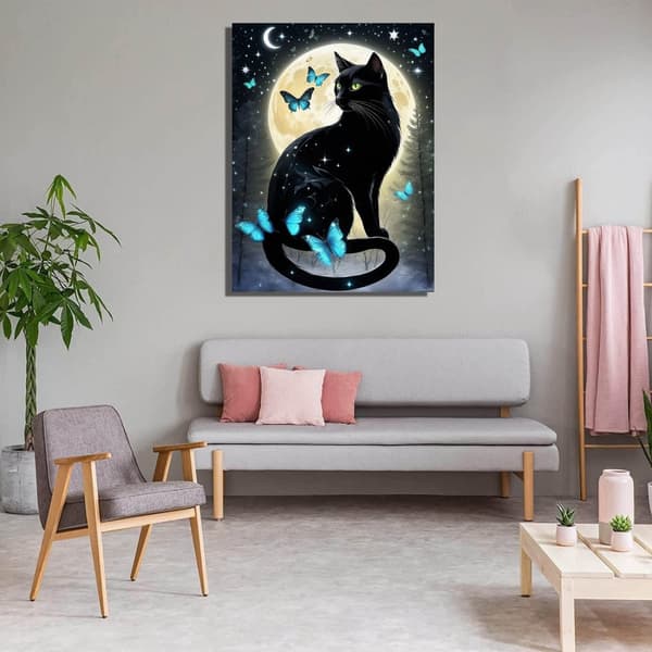 Bomclap 5D Diamantmålning Svart Katt & Månkatt - DIY Rundpärlor För Nybörjare, Fjärilsdesign 30x40 cm Hemdekor
