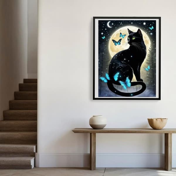 Bomclap 5D Diamantmålning Svart Katt & Månkatt - DIY Rundpärlor För Nybörjare, Fjärilsdesign 30x40 cm Hemdekor
