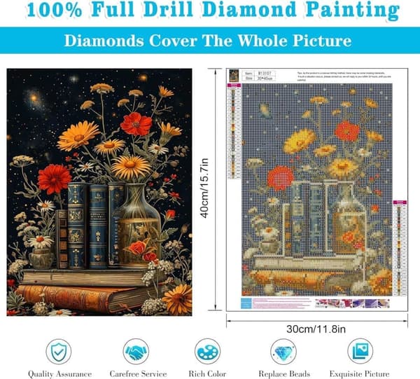 Bomclap Kirja Kukat Timanttitaide - 5D Full Drill DIY Pet Pack aikuiset, pyöreä helmitaide 30x40 cm seinäkoriste