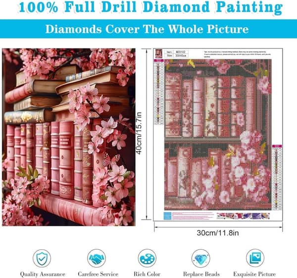 Bomclap Bokhylla Blommor Diamantmålning - 5D DIY Nybörjarpaket, Rundpärlor 30x40 cm Rosa Väggkonst 