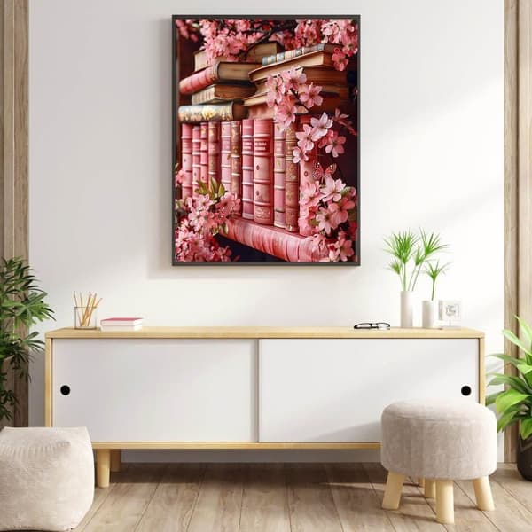 Bomclap Bokhylla Blommor Diamantmålning - 5D DIY Nybörjarpaket, Rundpärlor 30x40 cm Rosa Väggkonst 