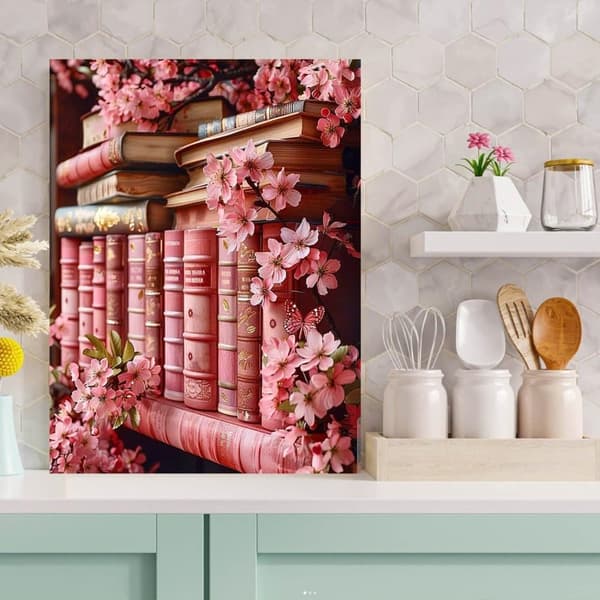 Bomclap Bokhylla Blommor Diamantmålning - 5D DIY Nybörjarpaket, Rundpärlor 30x40 cm Rosa Väggkonst 