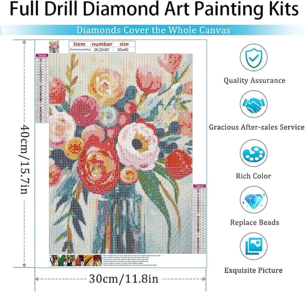 Bomclap Blomma diamantkonstmålningssatser för vuxna, fullborrmålningar med diamantprickar för nybörjare, målningssatser DIY-hantverkssatser 30x40cm
