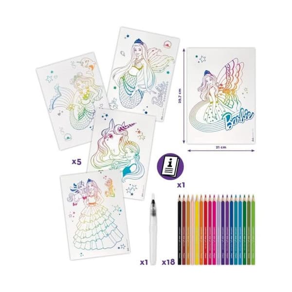 Maped Creativ - Aqua'Art Barbie - Akvarellaktivitet för barn - Pennor + vattenpensel - 5 posters - Från 7 år