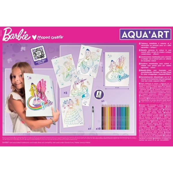 Maped Creativ - Aqua'Art Barbie - Akvarellaktivitet för barn - Pennor + vattenpensel - 5 posters - Från 7 år
