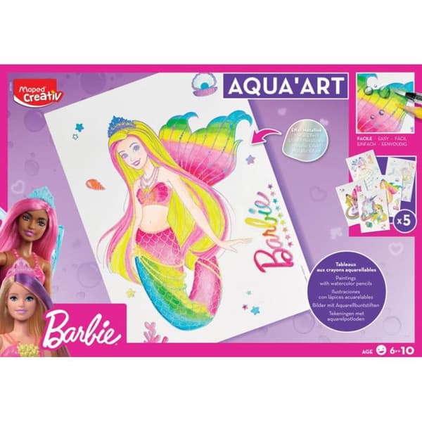 Maped Creativ - Aqua'Art Barbie - Akvarellaktivitet för barn - Pennor + vattenpensel - 5 posters - Från 7 år