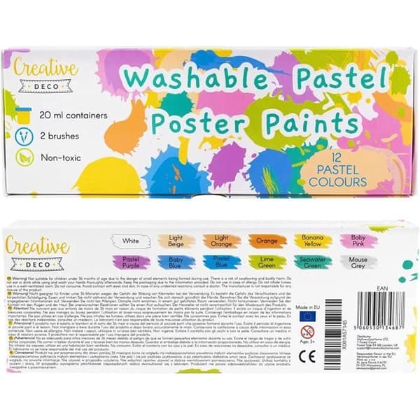 Tvättbar fingerfärg för barn - Creative Deco - 12x20ml - Intensiva och pigmenterade pastellfärger