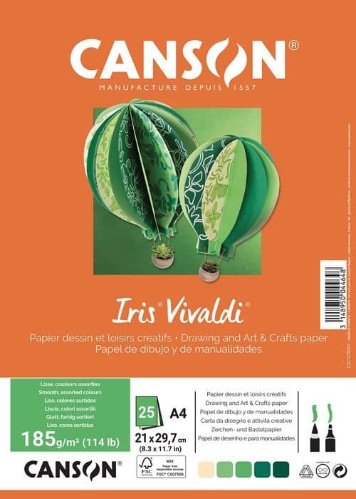 Canson - C32127S003 - Iris Vivaldi - Förpackning med 25 ark A4 färgpapper - 185g/m - Sortiment av grönt