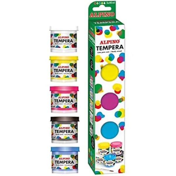 Tempera färg - ALPINO - 5 x 40 ml - Klara färger - Klar att använda - Snabbtorkande