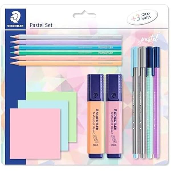 STAEDTLER Lot pastellfärger för att markera, skriva och måla, med färgade pennor, tuschpennor, textmarkörer och 3 högkvalitativa klisterblock.
