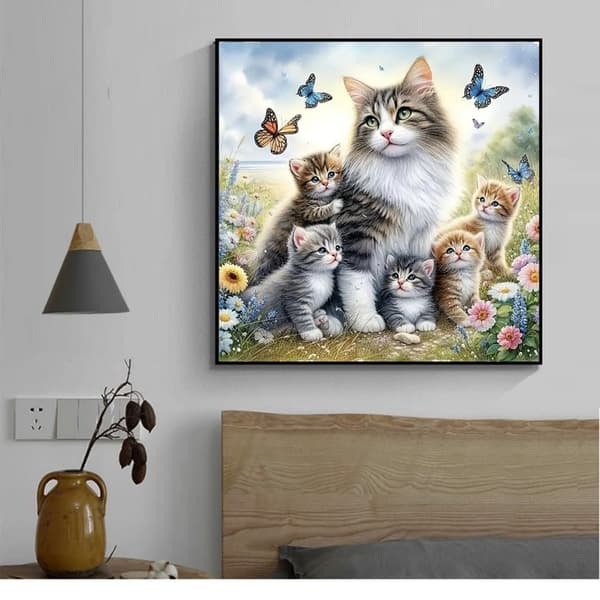 5D Diamantkonstkits för Vuxna Beginners, Mamma och Barn Kattdesign, DIY Full Round Drill Diamantmålning Kits, Fjärilsskog, Diamantdotter Gem Konst Kri