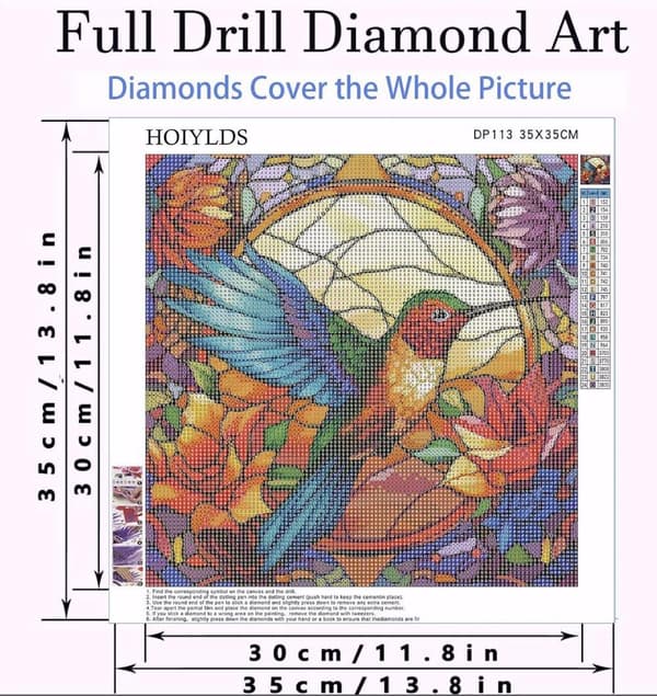 Bomclap Kolibri i Glasstil Diamantkonst - 5D Full Drill DIY Kit 35x35 cm (Väggdekoration)