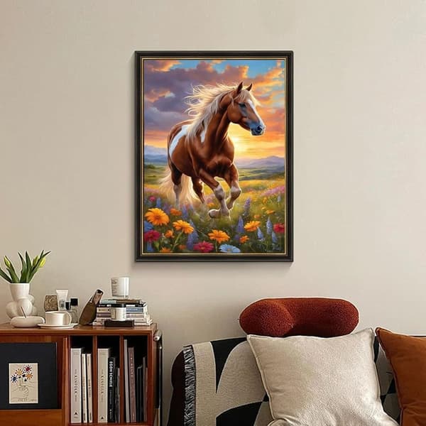 Bomclap Blommande Häst - 5D rundborrmönster djurmotiv, diamantpyssel för väggdekoration 30x40 cm