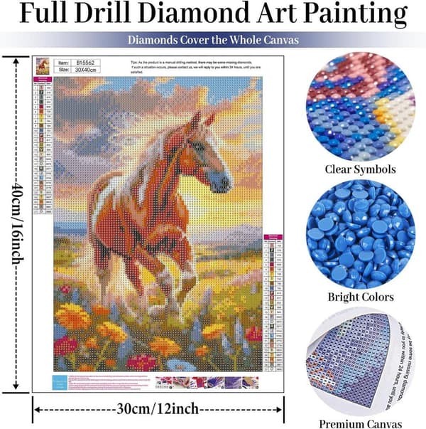 Bomclap Blommande Häst - 5D rundborrmönster djurmotiv, diamantpyssel för väggdekoration 30x40 cm
